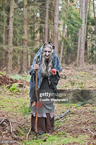 germany, north rhine-westphalia, moenchengladbach, scene from fairy tale, witch holding an apple in the woods - hänsel and gretel stock pictures, royalty-free photos & images