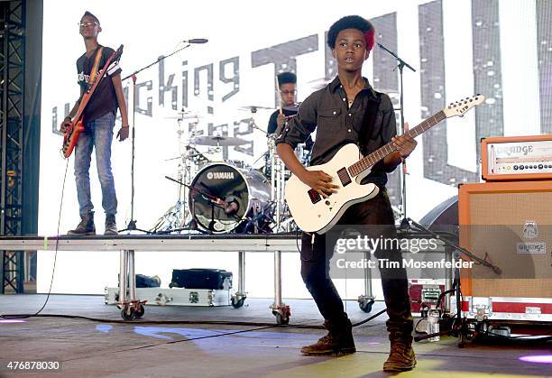 Alec Atkins, Jarad Dawkins, and Malcolm Brickhouse of Unlocking the Truth perform during the 2015 Bonnaroo Music & Arts Festival on June 11, 2015 in...