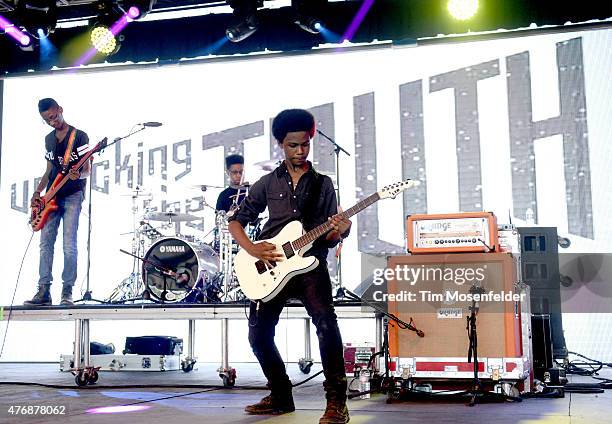 Alec Atkins, Jarad Dawkins, and Malcolm Brickhouse of Unlocking the Truth perform during the 2015 Bonnaroo Music & Arts Festival on June 11, 2015 in...