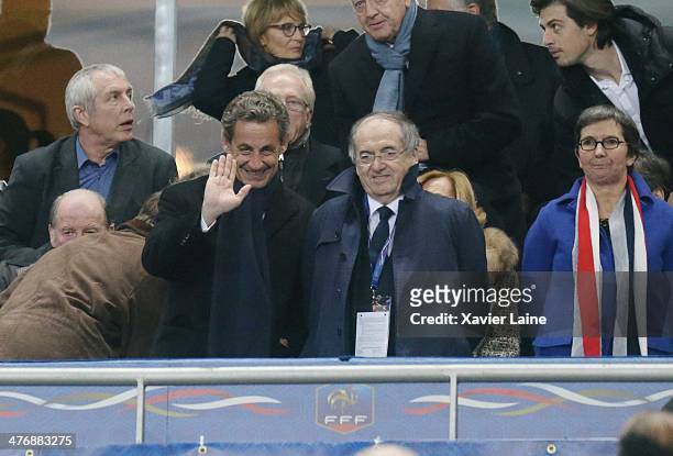 French president Nicolas Sarkozy, president of French football federation FFF Noel Le Graet and french ministor Valerie Fourneyron attend the...