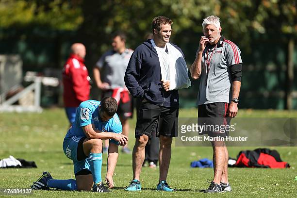 Corey Flynn, Richie McCaw and Todd Blackadder during a Crusaders Super Rugby training session at Rugby Park on March 6, 2014 in Christchurch, New...