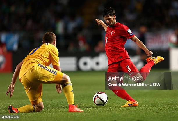 Hakan Balta of Turkey in action during the UEFA EURO 2016 Qualifier between Kazakhstan and Turkey at the Central Stadium on June 12, 2015 in Almaty,...