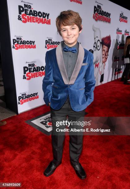 Actor Max Charles attends the premiere of Twentieth Century Fox and DreamWorks Animation's "Mr. Peabody & Sherman" at Regency Village Theatre on...