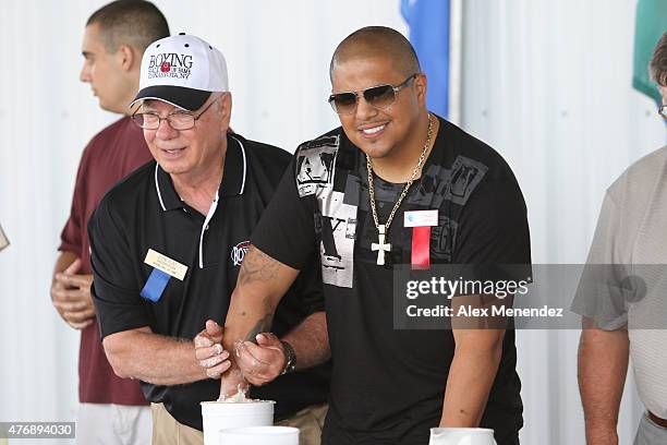 Professional boxer Fernando Vargas gets his fist cast in a mold during the International Boxing Hall of Fame induction Weekend of Champions event on...