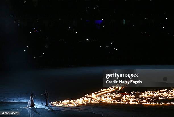 Petroglyph representing Da Vinci's Vitruvian Man burns during the Opening Ceremony for the Baku 2015 European Games at the Olympic Stadium on June...