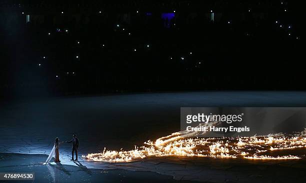 Petroglyph representing Da Vinci's Vitruvian Man burns during the Opening Ceremony for the Baku 2015 European Games at the Olympic Stadium on June...