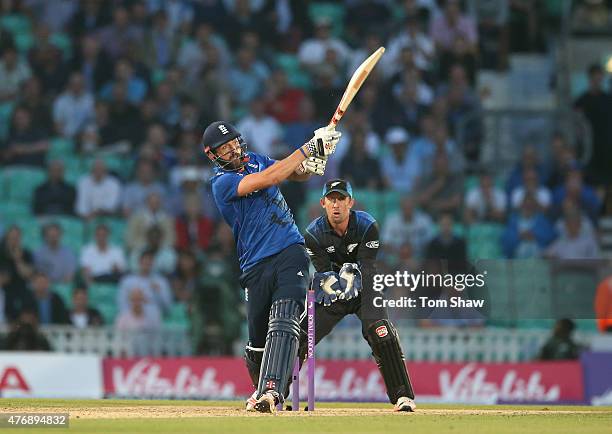 Liam Plunkett of England hits out during the 2nd Royal London ODI between England and New Zealand at The Kia Oval on June 12, 2015 in London, England.