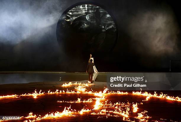 Petroglyph representing Da Vinci's Vitruvian Man burns during the Opening Ceremony for the Baku 2015 European Games at the Olympic Stadium on June...