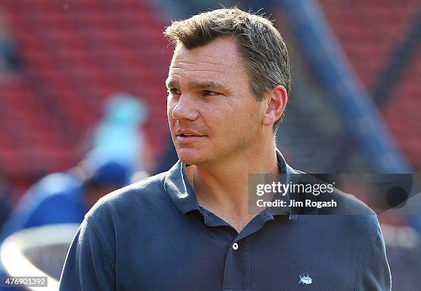 Ben Cherington, general manager of the Boston Red Sox, leaves the field before a game with the Toronto Blue Jays at Fenway Park on June 12, 2015 in...