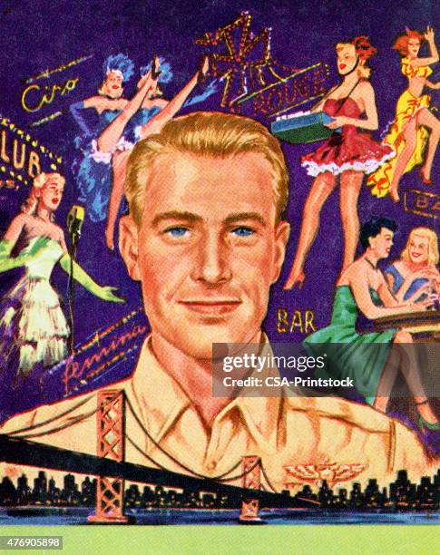 man surrounded by night club ladies - las vegas skyline stock illustrations
