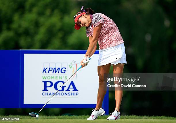 Lexi Thompson of the United States plays her tee shot on the par 5, 18th hole during the second round of the 2015 KPMG Women's PGA Championship on...