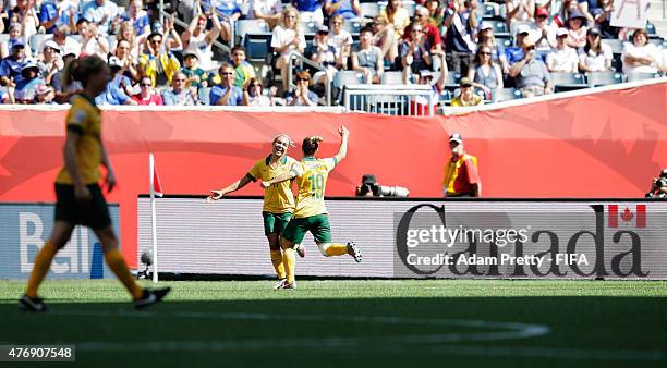 Kyah Simon of Australia celebrates scoring a goal during the Group D match between Australia and Nigeria of the FIFA Women's World Cup 2015 at...