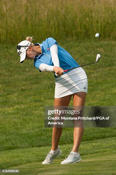 Jessica Korda of the United States hits her shot on four during Round Two of the 2015 KPMG Women's PGA Championship held at Westchester Country Club...