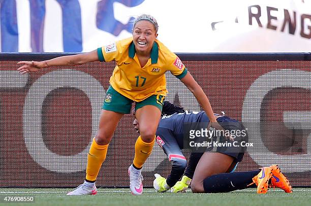 Kyah Simon of Australia reacts after scoring her second goal past goalkeeper Precious Dede of Nigeria during the FIFA Women's World Cup Canada 2015...