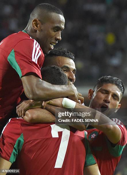 Morocco's Omar El Kaddouri celebrates a goal during the 2017 Africa Cup of Nations qualifying football match against Libya in Agadir on June 12,...