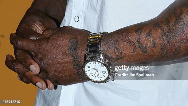Actor Thomas Jones, jewelry detail, attends the "Runaway Island" premiere during the 2015 American Black Film Festival at AMC Empire on June 12, 2015...