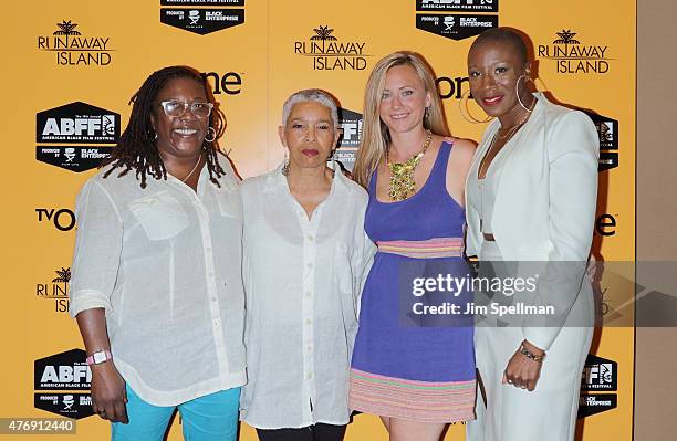 Producer Gingi Rochelle, director Dianne Houston, producer Allison Wilmarth and actress Aisha Hinds attend the "Runaway Island" premiere during the...
