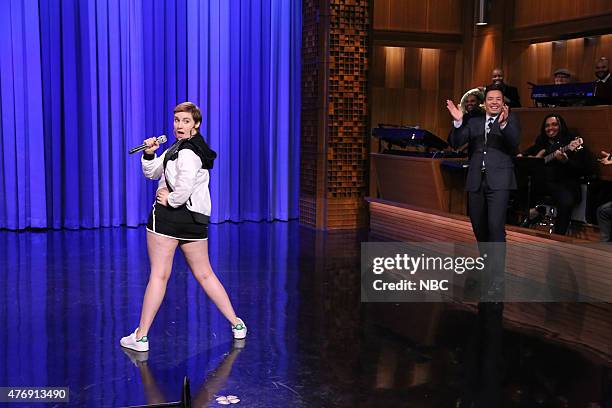 Episode 0279 -- Pictured: Actress Lena Dunham during a lip sync battle with host Jimmy Fallon on June 12, 2015 --