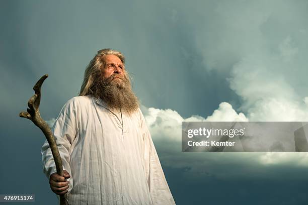 long-haired prophet standing in front of dramatic sky - senior man grey long hair stock pictures, royalty-free photos & images