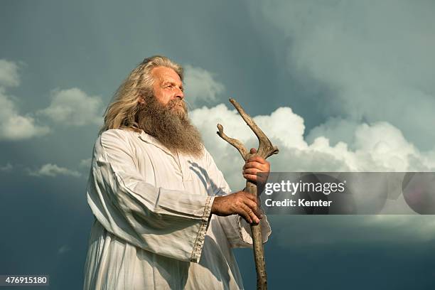 long-haired prophet standing in front of dramatic sky - senior man grey long hair stock pictures, royalty-free photos & images