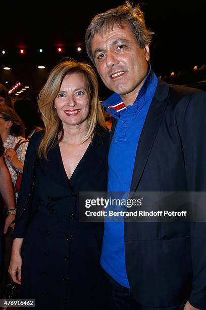 Journalists Valerie Trierweiler and Journalist Jean-Noel Mirande attend Humorist Berangere Krief Performs at L'Olympia on June 12, 2015 in Paris,...