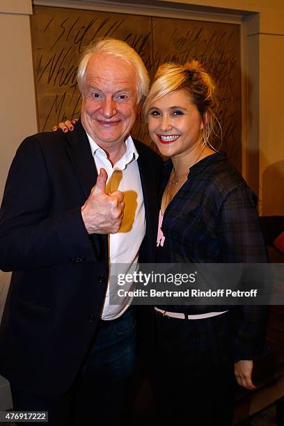 Humorist Berengere Krief poses Backstage with Actor Andre Dussollier after she Performed at L'Olympia on June 12, 2015 in Paris, France.