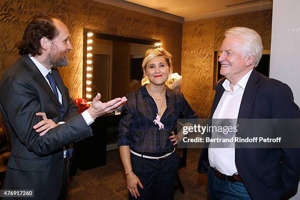 Humorist Berengere Krief poses Backstage with her Producer Jean-Marc Dumontet and Actor Andre Dussollier after she Performed at L'Olympia on June 12,...