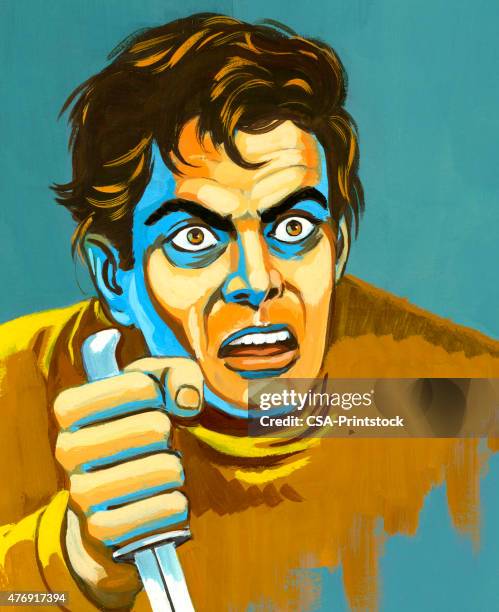 ilustraciones, imágenes clip art, dibujos animados e iconos de stock de hombre aterrador sosteniendo cuchillo - asesino