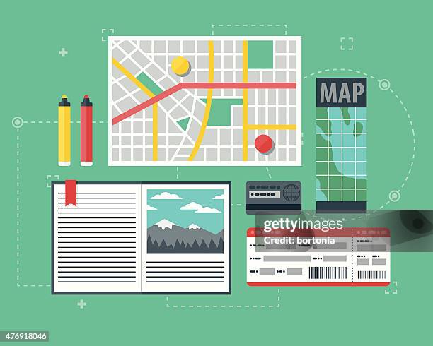 travel planning vector icon set - computer desk overhead stock illustrations