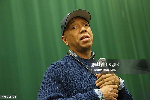 Russell Simmons talks about his new book, "Success Through Stillness: Meditation Made Simple" at Barnes & Noble Tribeca on March 5, 2014 in New York...