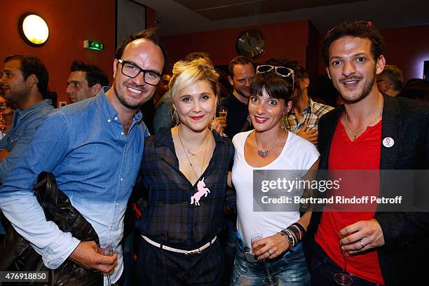 Humorist Berengere Krief poses Backstage with Humorist Jarry , Journalist Erika Moulet and Vincent Dedienne after she Performed at L'Olympia on June...