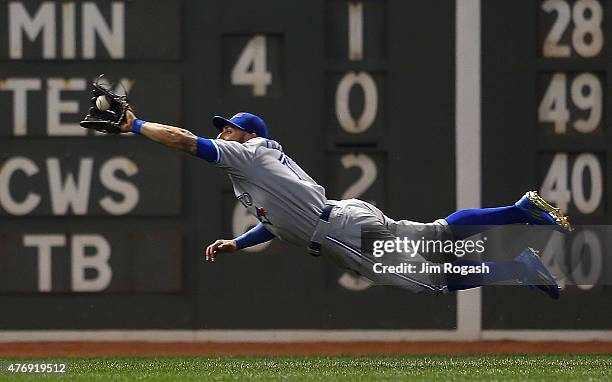 Kevin Pillar of the Toronto Blue Jays catches a ball hit by Brock Holt of the Boston Red Sox in the sixth inning at Fenway Park on June 12, 2015 in...