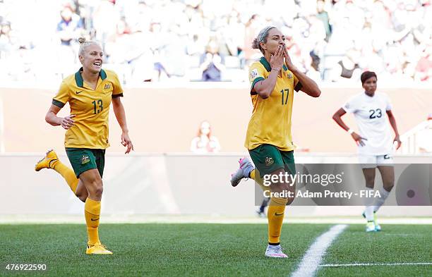 Kyah Simon of Australia celebrates scoring her second goal during the Group D match between Australia and Nigeria of the FIFA Women's World Cup 2015...