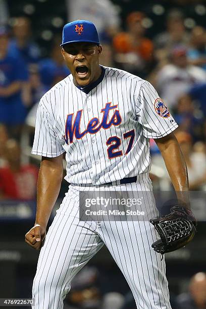 Jeurys Familia of the New York Mets celebrates after defeating the Atlanta Braves 5-3 at Citi Field on June 12, 2015 in Flushing neighborhood of the...