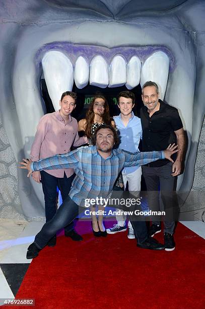 Actor Jack Black, actor Ryan Lee, actress Odeya Rush, actor Dylan Minnette, and director Rob Letterman attend "Goosebumps" photo call during Summer...
