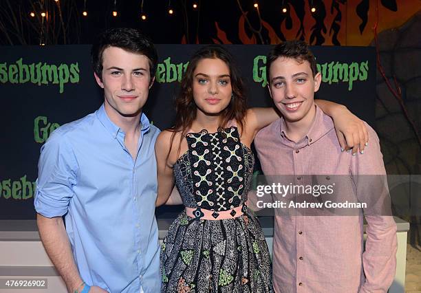 Actors Dylan Minnette, Odeya Rush, and Ryan Lee attend "Goosebumps" photo call during Summer Of Sony Pictures Entertainment 2015 at The Ritz-Carlton...