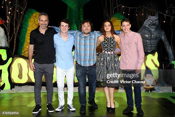 Director Rob Letterman, actor Dylan Minnette, actor Jack Black, actress Odeya Rush, and actor Ryan Lee attend "Goosebumps" photo call during Summer...