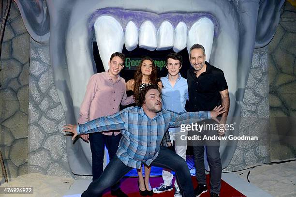 Actor Jack Black, actor Ryan Lee, actress Odeya Rush, actor Dylan Minnette, and director Rob Letterman attend "Goosebumps" photo call during Summer...