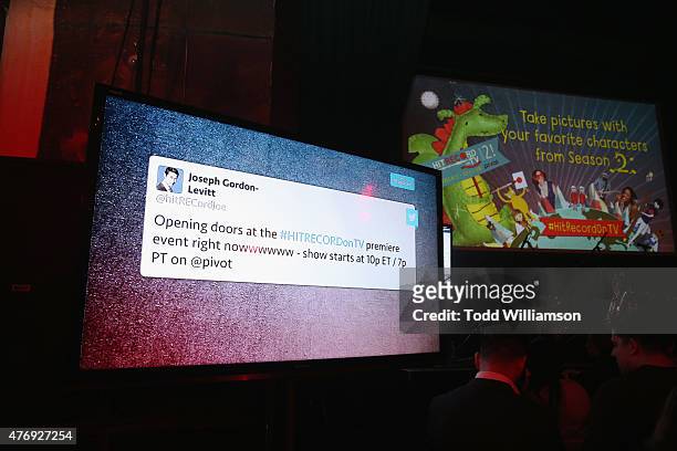 Tweet on display during a premiere party for the second season of "Hit Record On TV with Joseph Gordon-Levitt" hosted by Participant Medias...