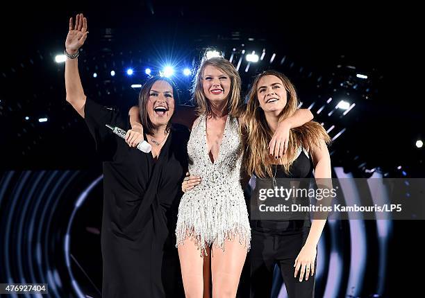 Mariska Hargitay, Taylor Swift, and Cara Delevingne pose onstage during The 1989 World Tour on June 12, 2015 at Lincoln Financial Field in...