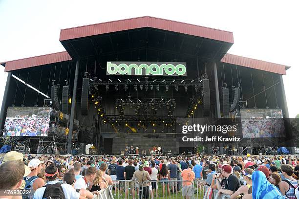 Musicians Tay Strathairn, Taylor Goldsmith, Griffin Goldsmith, and Wylie Gelber of Dawes perform onstage at What Stage during Day 2 of the 2015...