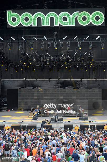 Musicians Tay Strathairn, Taylor Goldsmith, Griffin Goldsmith, and Wylie Gelber of Dawes perform onstage at What Stage during Day 2 of the 2015...