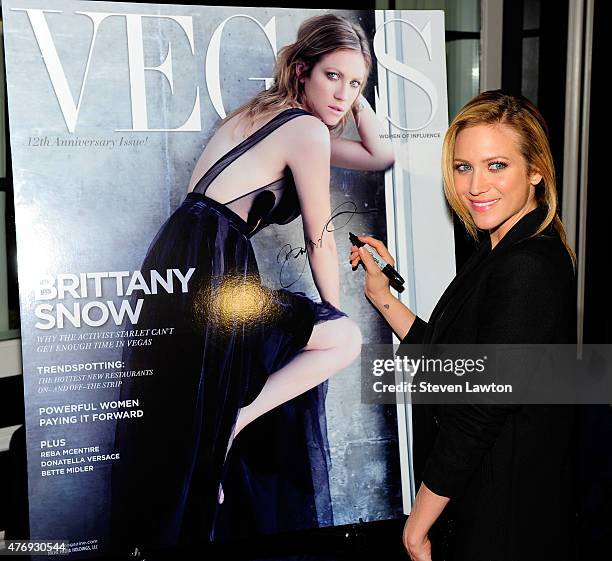 Actress Brittany Snow attends Vegas Magazine's 12th anniversary celebration at Omnia Nightclub at Caesars Palace on June 12, 2015 in Las Vegas,...