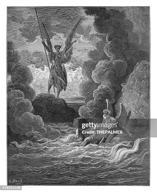 satan and beelzebub engraving - fallen angel stock illustrations