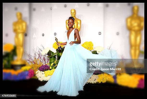 Actress Lupita Nyong'o poses in the press room during the Oscars at Loews Hollywood Hotel on March 2, 2014 in Hollywood, California.