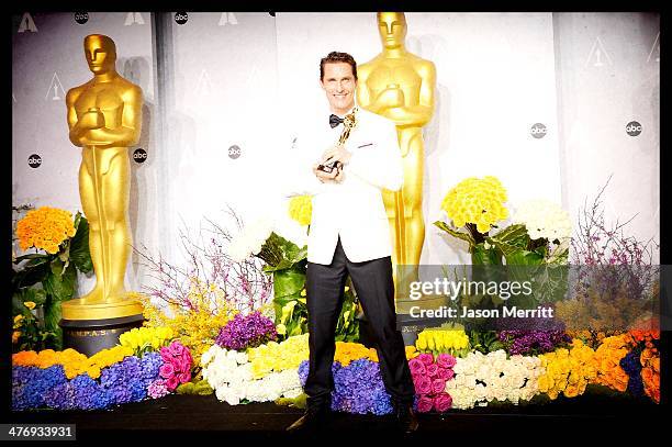 Actor Matthew McConaughey poses in the press room during the Oscars at Loews Hollywood Hotel on March 2, 2014 in Hollywood, California.