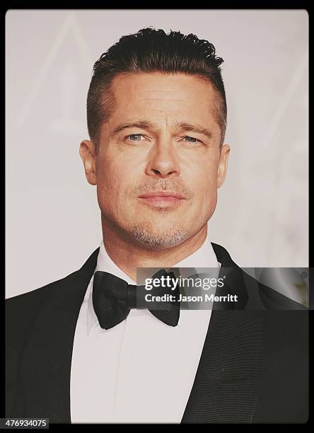 Producer Brad Pitt, winner of Best Picture for '12 Years a Slave', poses in the press room during the Oscars at Loews Hollywood Hotel on March 2,...