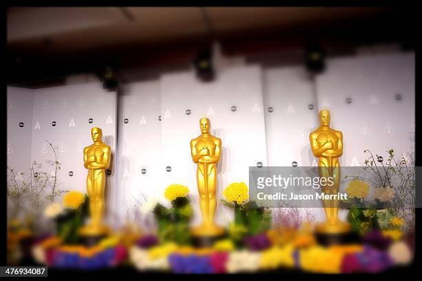 General view of atmosphere in the press room during the Oscars at Loews Hollywood Hotel on March 2, 2014 in Hollywood, California.