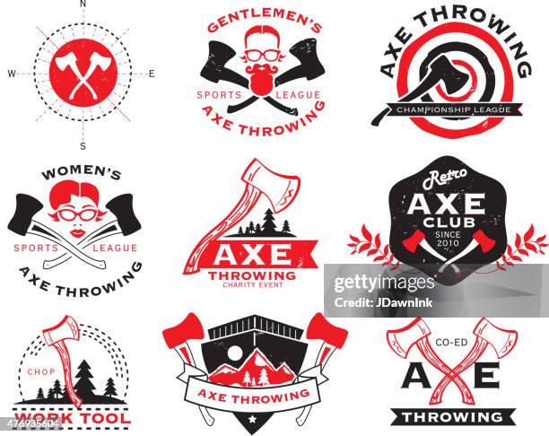 red and black axe throwing set of labels - axe throwing stock illustrations