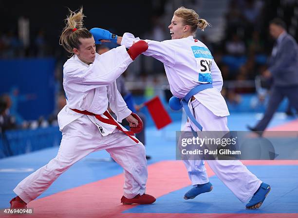 Ana Lenard of Croatia competes against Ingrida Suchankova of Slovakia in the Women's Kumite 61kg Elimination Round during day one of the Baku 2015...